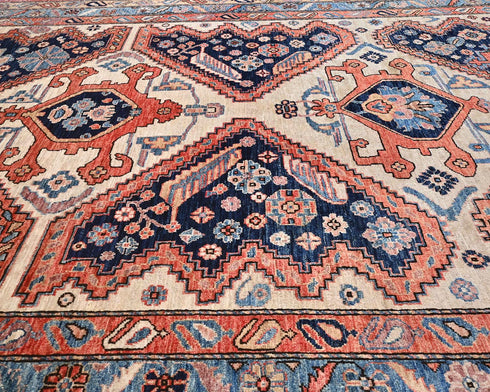 6x9 Beige Blue Aryana Afghan Hand Knotted Veg Dye Wool Area Rug